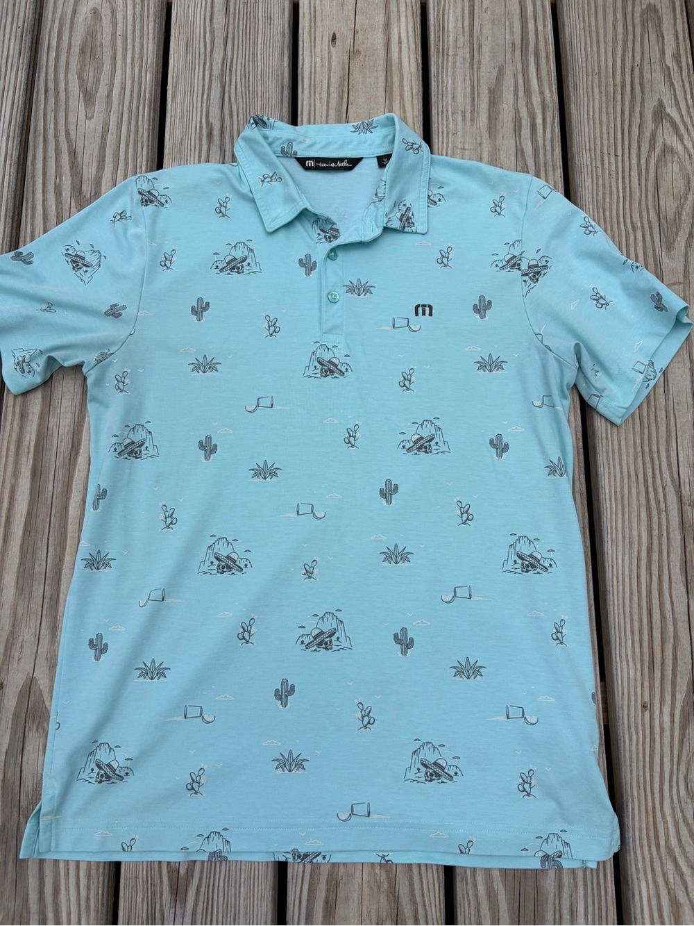 Travis Mathew Polo Shirt Mens Medium Mint Green Cactus Skull Golf Activewear